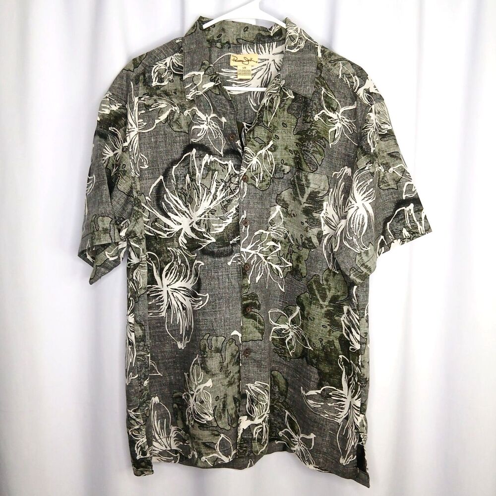 Panama Jack Hawaiian Button Down Shirt Short Slv Floral Tropical Gray Mens Large